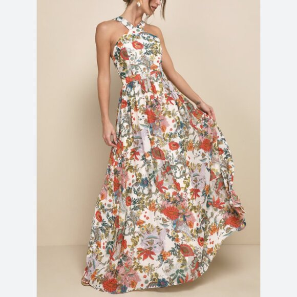 NWT Lulus Lilja Cream Floral Print Maxi Dress Halter Chiffon Size Large - Picture 1 of 4